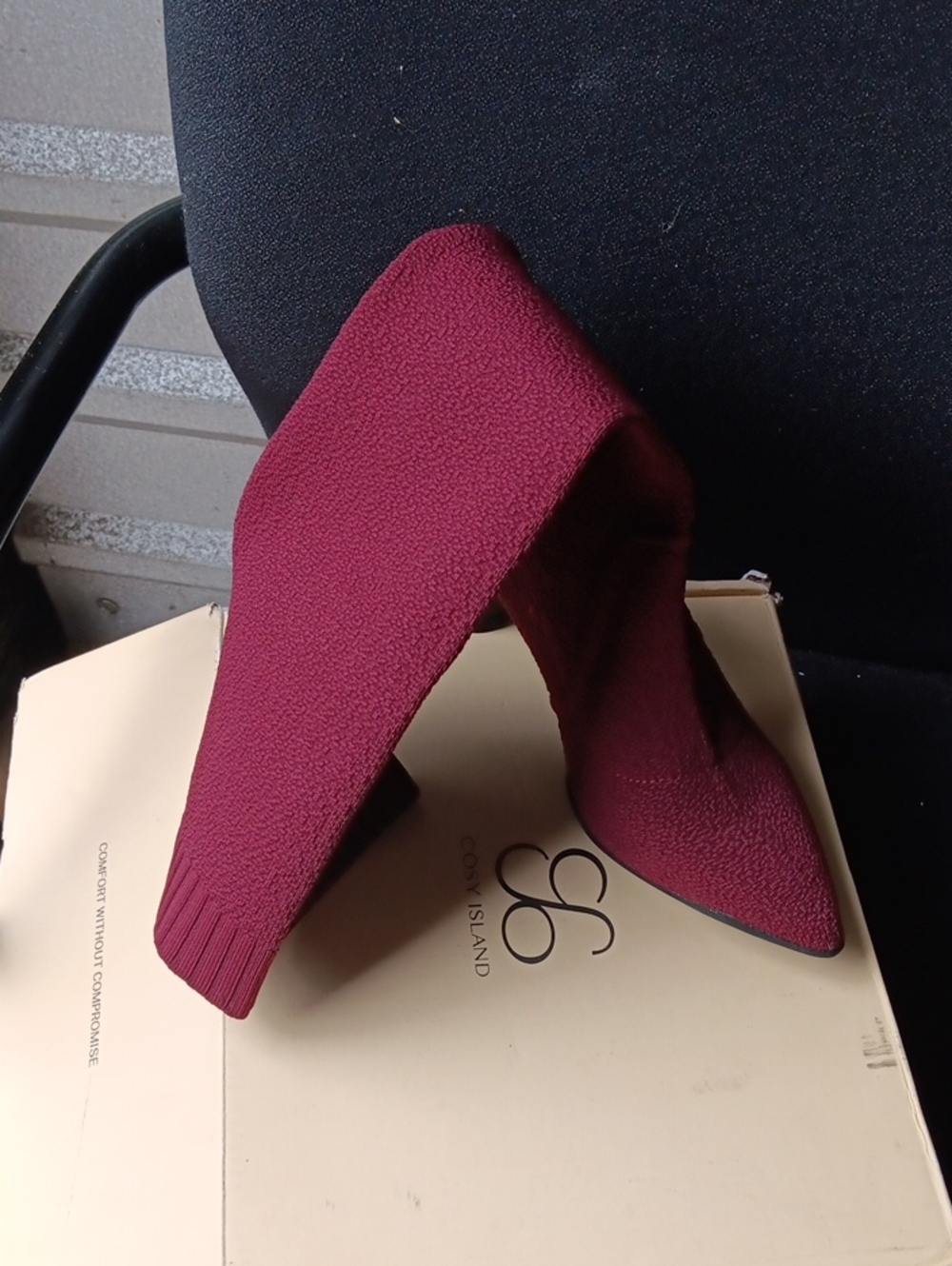 Stretch-Knit Burgundy Pointed-Toe Heeled Boots